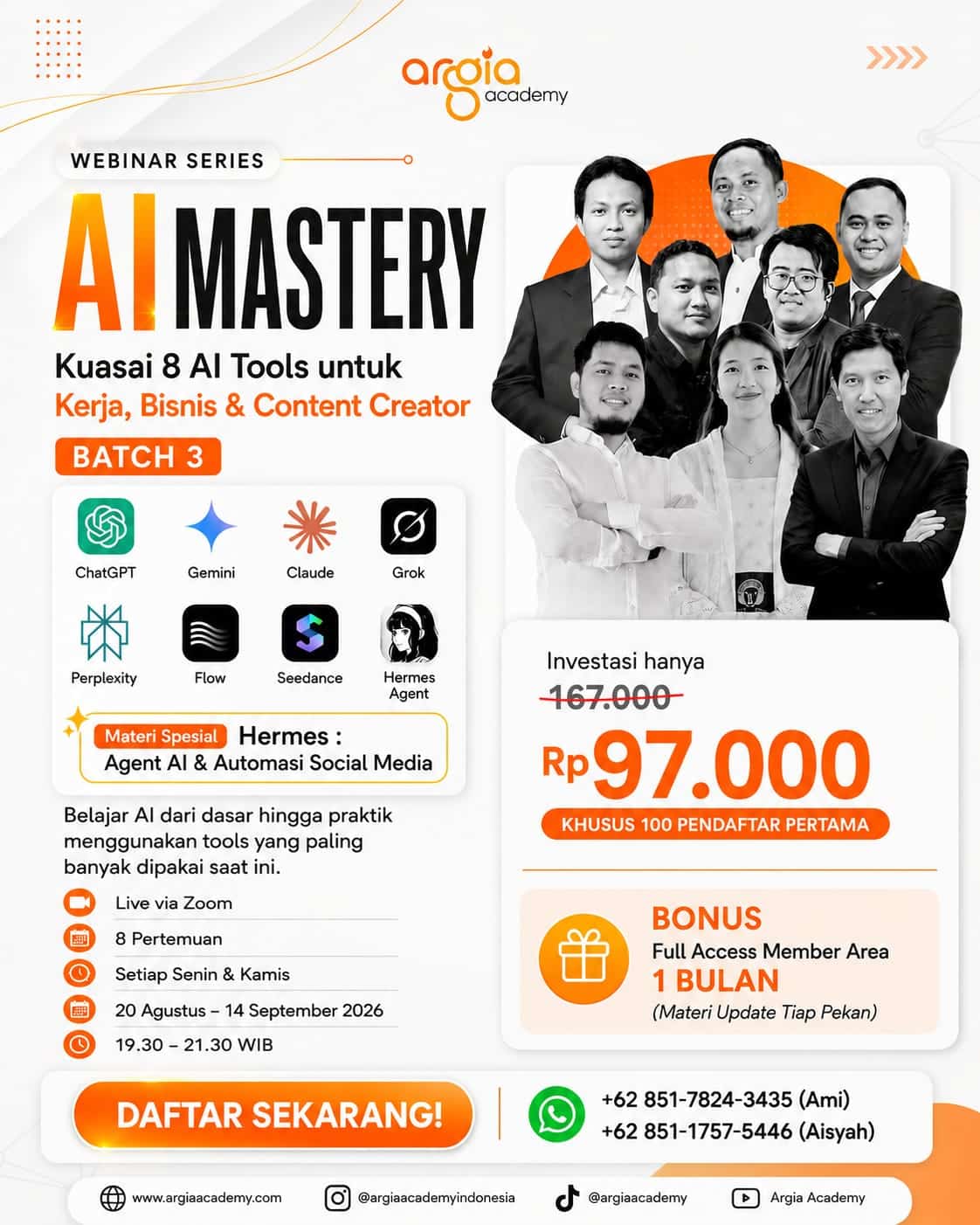 Poster AI Mastery Batch 3 Argia Academy untuk belajar 8 tools AI